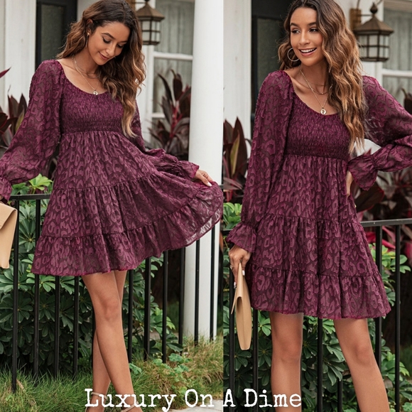 Leopard Print Dess Tiered Sheer Long Sleeve Babydoll Mini Playful Outfit - Picture 11 of 11